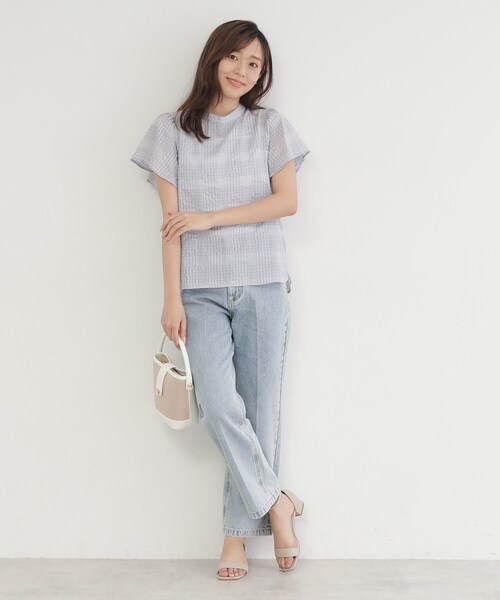 index(インデックス)の「◆シアーサッカーチェック フレアスリーブブラウス【洗濯機洗い可/イージーケア】(シャツ/ブラウス・レディース・ネイビー系1/アイボリー系1/サックスブルー系1・42/40/38/36)」の11枚目の写真