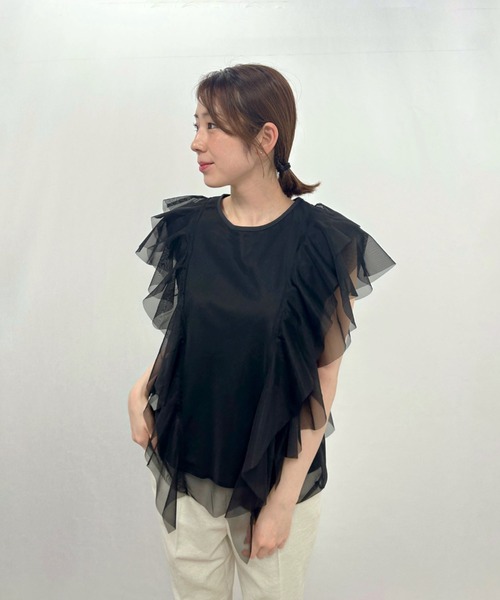 LAUTREAMONT(ロートレアモン)の「チュールレイヤードカットソー≪洗濯機で洗える≫(Tシャツ/カットソー・レディース・ブラック/ホワイト・9号)」の2枚目の写真