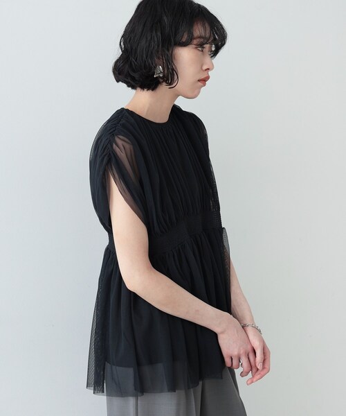 GALLEST（ギャレスト）の「◆チュールシャーリングトップス（シャツ/ブラウス・レディース・ブラック/ダークブラウン/アイボリー・38）」の15枚目の写真