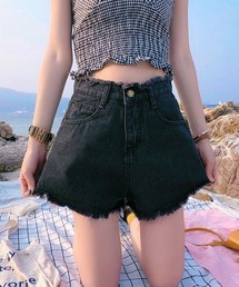 【Mayree】ハイウエスト ダメージ デニムショート パンツ