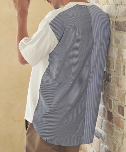 ikka(イッカ)の「ストライプブロード切り替えTシャツ(Tシャツ/カットソー・メンズ・ホワイト/ブラック/ネイビー・M/L/XL/S)」の1枚目の写真
