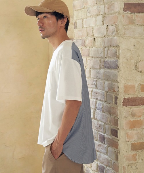 ikka(イッカ)の「ストライプブロード切り替えTシャツ(Tシャツ/カットソー・メンズ・ホワイト/ブラック/ネイビー・M/L/XL/S)」の5枚目の写真