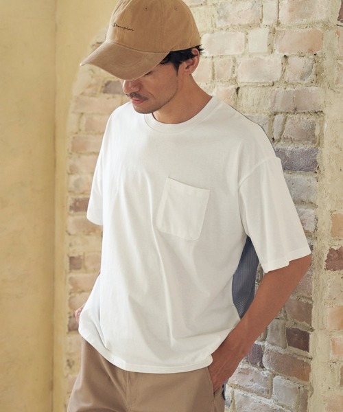 ikka(イッカ)の「ストライプブロード切り替えTシャツ(Tシャツ/カットソー・メンズ・ホワイト/ブラック/ネイビー・M/L/XL/S)」の6枚目の写真