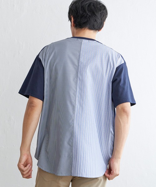 ikka(イッカ)の「ストライプブロード切り替えTシャツ(Tシャツ/カットソー・メンズ・ホワイト/ブラック/ネイビー・M/L/XL/S)」の11枚目の写真
