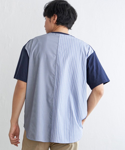 ikka(イッカ)の「ストライプブロード切り替えTシャツ(Tシャツ/カットソー・メンズ・ホワイト/ブラック/ネイビー・M/L/XL/S)」の12枚目の写真
