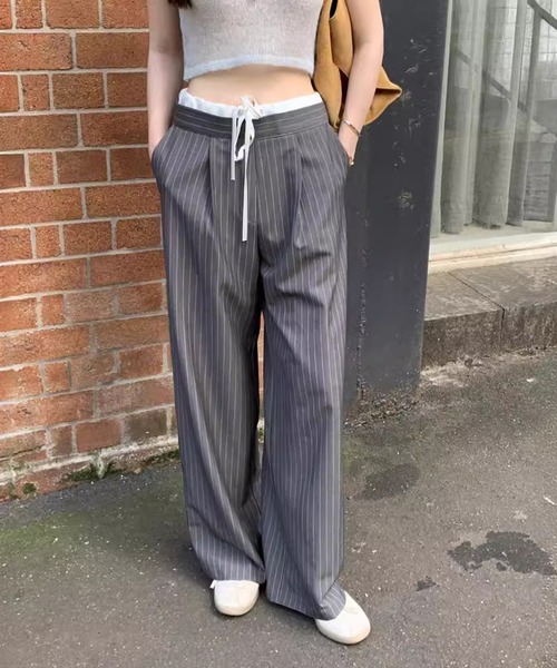 SHEPP（シープ）の「《新色追加》【お気に入り数2.7万人突破!】サイズ展開あり！ラフに穿けるイージーパンツ仕様で快適♪レイヤード ダブルウエスト イージースラックス / ピンストライプ 無地（スラックス・レディース・ネイビー/グレー/ブラック/グレー系その他/ブラウン/ブラック系その他・S/L/M）」の11枚目の写真