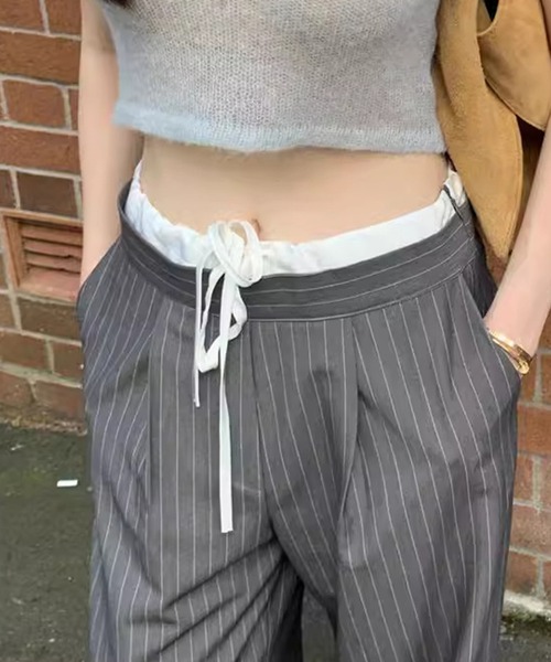 SHEPP（シープ）の「《新色追加》【お気に入り数2.7万人突破!】サイズ展開あり！ラフに穿けるイージーパンツ仕様で快適♪レイヤード ダブルウエスト イージースラックス / ピンストライプ 無地（スラックス・レディース・ネイビー/グレー/ブラック/グレー系その他/ブラウン/ブラック系その他・S/L/M）」の9枚目の写真