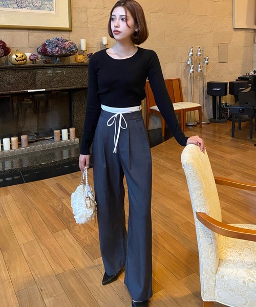 エブ ブラバド 刺繍 ピン ストライプ スラックス パンツ 定価¥54,000- Ada. スラックス パンツ ピンストライプ ワイド レディース