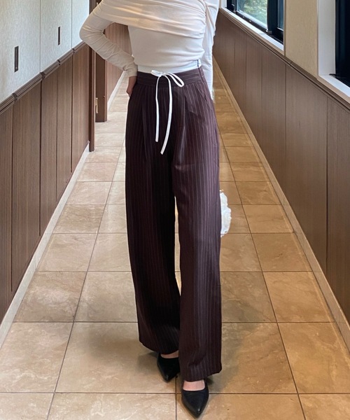 エブ ブラバド 刺繍 ピン ストライプ スラックス パンツ 定価¥54,000- Didot.showroom スラックス パンツ ピンストライプスラックス