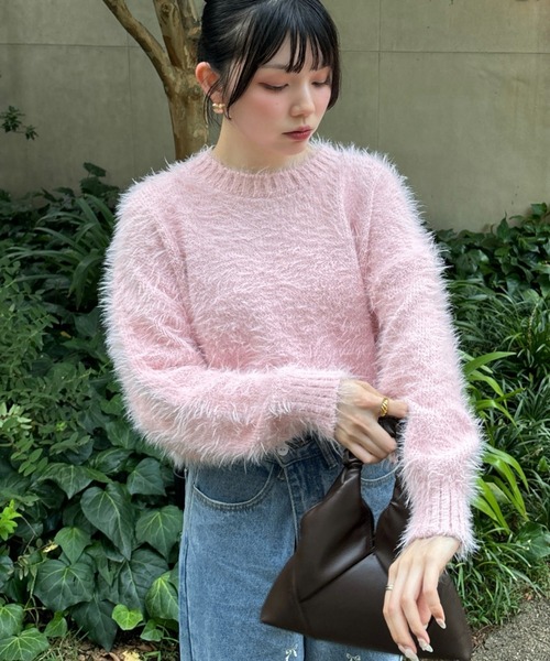 Ada.（エイダ）の「クルーネック シャギー ショートニット（ニット/セーター・レディース・ホワイト/ピンク/ブラック/グレー・FREE）」の7枚目の写真