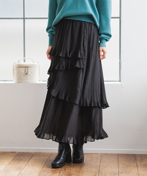 mysty woman（ミスティウーマン）の「アシメケシプリーツスカート 152013（スカート・レディース・ベージュ系その他/アイボリー/ブラック・FREE）」の3枚目の写真