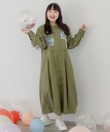 143611：花蝶アート柄アップリケ シャツワンピース