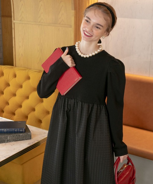 BONLECILL noir】チェック柄切替 パワショルギャザーニットワンピース