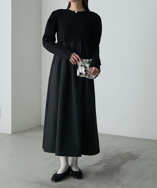 BONLECILL noir】チェック柄切替 パワショルギャザーニットワンピース