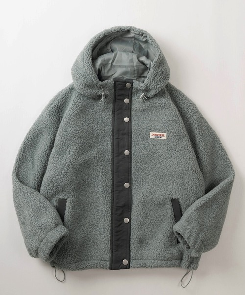 CONVERSE（コンバース）の「【CONVERSE/コンバース】ブランドネームタグ シープボア切り替え フードジャケット/フーディ―/ドローコード付（ブルゾン・レディース・ベージュ/ブラック/ブルーグレー/アイボリー・L/M）」の3枚目の写真