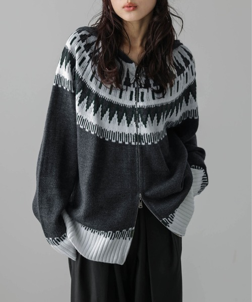 セール】【ユニセックス】 ノルディック柄 Wジップパーカー