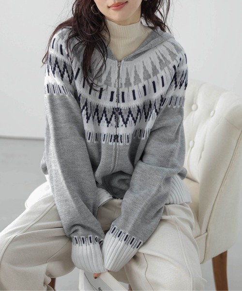 セール】【ユニセックス】 ノルディック柄 Wジップパーカー（ニット