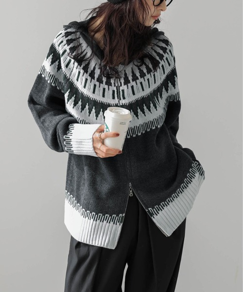 セール】【ユニセックス】 ノルディック柄 Wジップパーカー（ニット