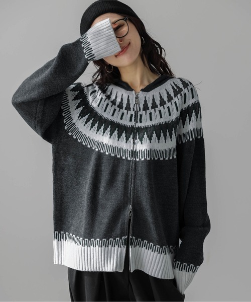 セール】【ユニセックス】 ノルディック柄 Wジップパーカー（ニット