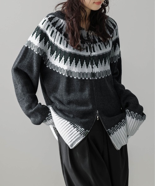 セール】【ユニセックス】 ノルディック柄 Wジップパーカー