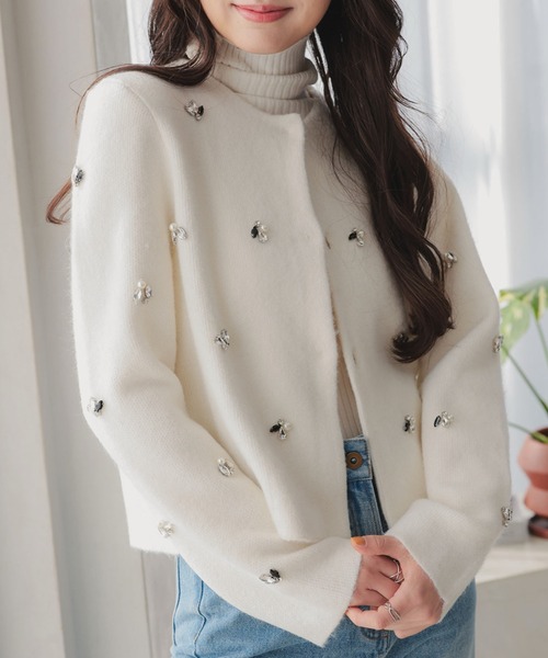 美品✨️ノコオーノ ノーカラージャケット カーディガン　ビジュー　42 ノコオーノ ビジュー付きカーディガン 美品 美品✨️ノコオーノ ノー