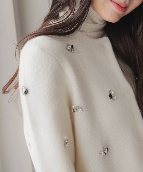 ビジュー付きノーカラーニットジャケット（カーディガン/ボレロ