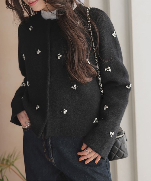 ビジュー付きポケットの黒カーディガン ビジュー付きポケットの黒カーディガン ANAYI カーディガン アソート