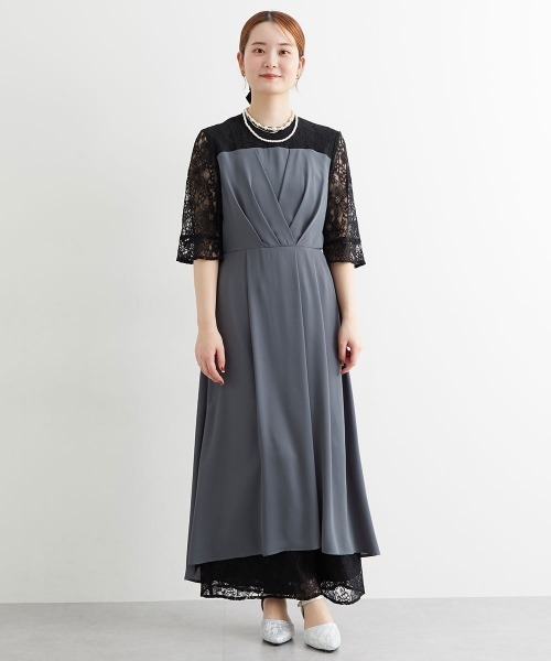結婚式・パーティードレス】タックデザインワンピース＋レース