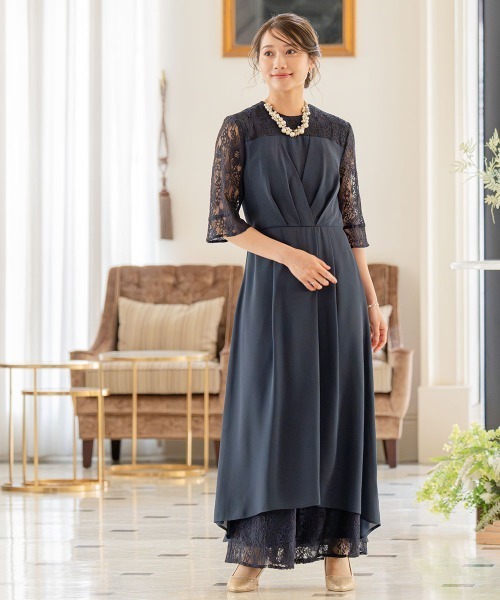 結婚式・パーティードレス】タックデザインワンピース＋レース