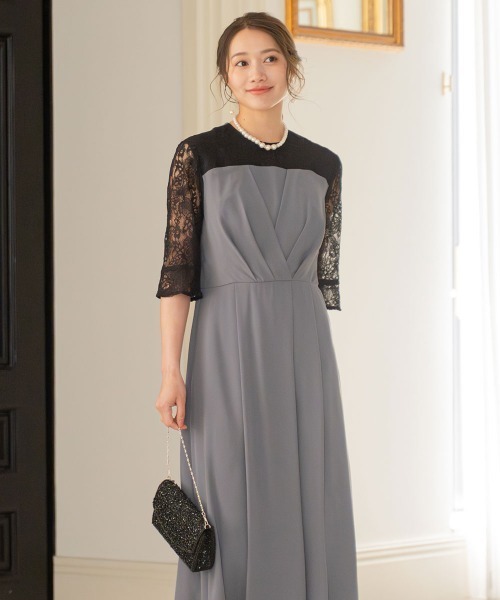 結婚式・パーティードレス】タックデザインワンピース＋レース