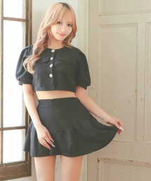 Tika（ティカ）の「キャバドレス セットアップ 半袖 パフスリーブ パールボタン ミニスカート キャバスーツ（セットアップ）」