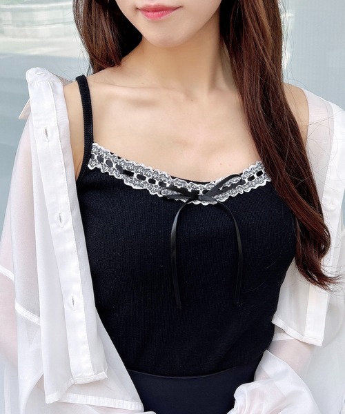 INGNI（イング）の「リボンレース付リブキャミソール（キャミソール・レディース・オフホワイト/ブラック・M）」の2枚目の写真