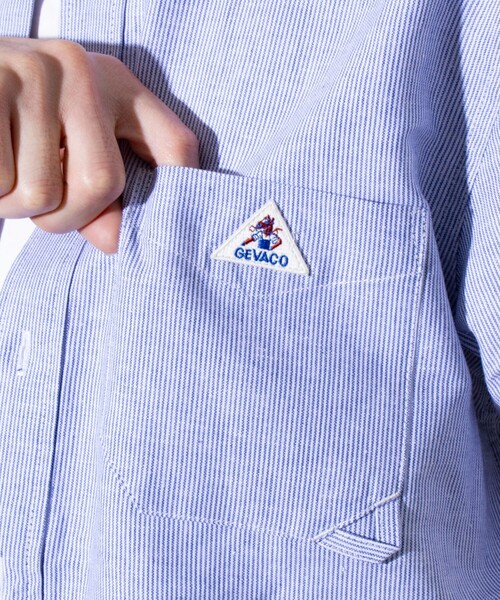 GEVACO(ゲバコ)の「【GEVACO/ゲバコ】コットンリネン バンドカラー半袖シャツ ワンポイントロゴ ストライプ(シャツ/ブラウス・メンズ・ブラック/イエロー/ブルー/ベージュ・S/M/L)」の10枚目の写真