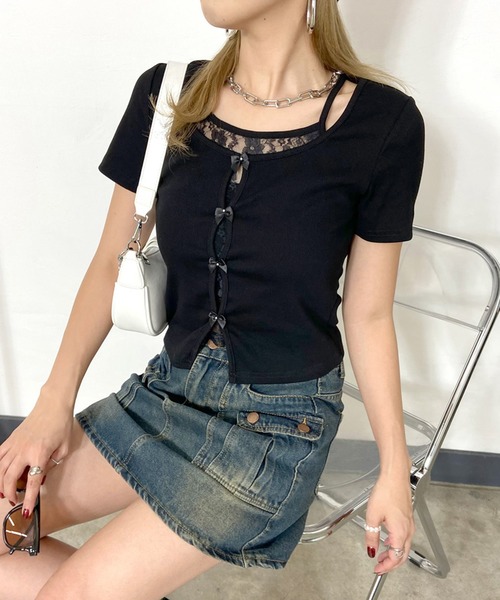 non-hedge(ノンヘッジ)の「リボンレース付ショート丈トップス(Tシャツ/カットソー・レディース・グレー/オフホワイト/ブラック・FREE)」の3枚目の写真