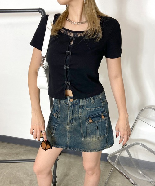 non-hedge(ノンヘッジ)の「リボンレース付ショート丈トップス(Tシャツ/カットソー・レディース・グレー/オフホワイト/ブラック・FREE)」の6枚目の写真