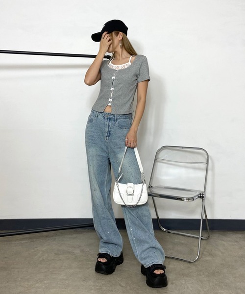 non-hedge(ノンヘッジ)の「リボンレース付ショート丈トップス(Tシャツ/カットソー・レディース・グレー/オフホワイト/ブラック・FREE)」の7枚目の写真