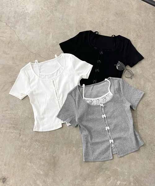 non-hedge(ノンヘッジ)の「リボンレース付ショート丈トップス(Tシャツ/カットソー・レディース・グレー/オフホワイト/ブラック・FREE)」の20枚目の写真