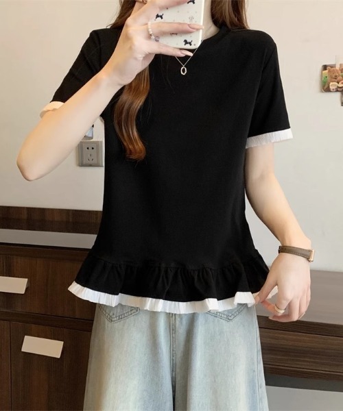 Mejoul(メジュール)の「バイカラーフリル切り替えTシャツ(Tシャツ/カットソー・レディース・ブラック/グレー/ホワイト・F)」の2枚目の写真