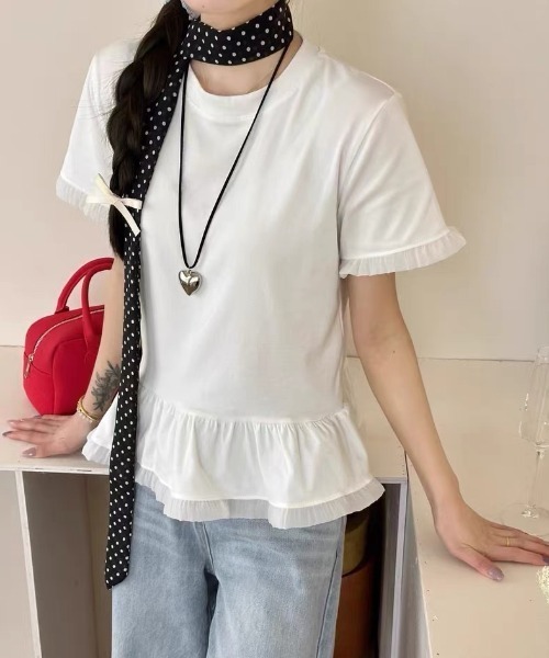 Mejoul(メジュール)の「バイカラーフリル切り替えTシャツ(Tシャツ/カットソー・レディース・ブラック/グレー/ホワイト・F)」の5枚目の写真
