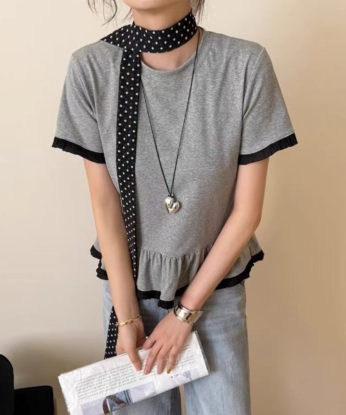 Mejoul(メジュール)の「バイカラーフリル切り替えTシャツ(Tシャツ/カットソー・レディース・ブラック/グレー/ホワイト・F)」の8枚目の写真