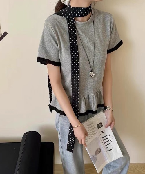 Mejoul(メジュール)の「バイカラーフリル切り替えTシャツ(Tシャツ/カットソー・レディース・ブラック/グレー/ホワイト・F)」の10枚目の写真