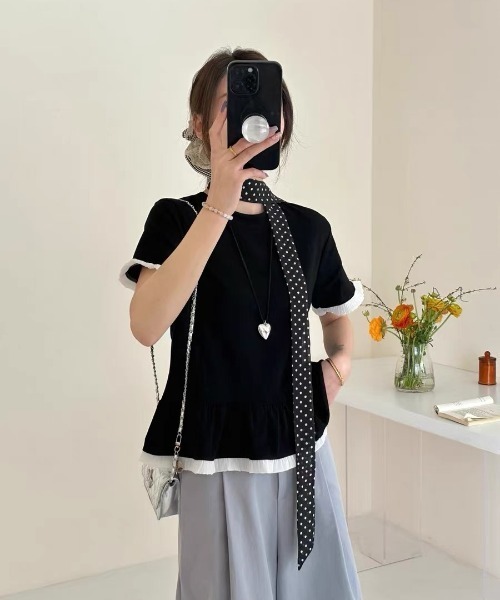 Mejoul(メジュール)の「バイカラーフリル切り替えTシャツ(Tシャツ/カットソー・レディース・ブラック/グレー/ホワイト・F)」の11枚目の写真