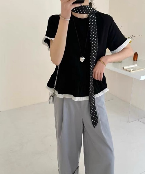Mejoul(メジュール)の「バイカラーフリル切り替えTシャツ(Tシャツ/カットソー・レディース・ブラック/グレー/ホワイト・F)」の12枚目の写真