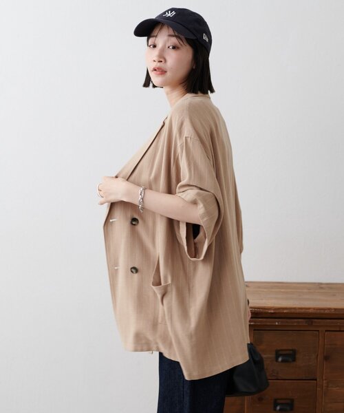 DISCOAT（ディスコート）の「【WEB限定】麻混ストライプ半袖シャツジャケット（その他アウター・レディース・アイボリー/ベージュ・FREE）」の9枚目の写真