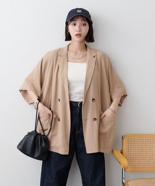 DISCOAT（ディスコート）の「【WEB限定】麻混ストライプ半袖シャツジャケット（その他アウター・レディース・アイボリー/ベージュ・FREE）」の10枚目の写真