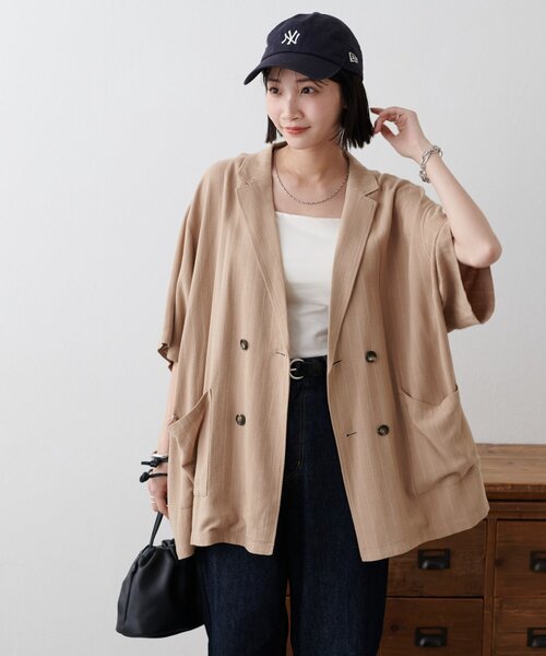 DISCOAT（ディスコート）の「【WEB限定】麻混ストライプ半袖シャツジャケット（その他アウター・レディース・アイボリー/ベージュ・FREE）」の12枚目の写真