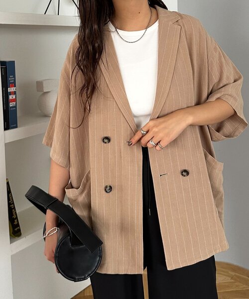 DISCOAT（ディスコート）の「【WEB限定】麻混ストライプ半袖シャツジャケット（その他アウター・レディース・アイボリー/ベージュ・FREE）」の15枚目の写真