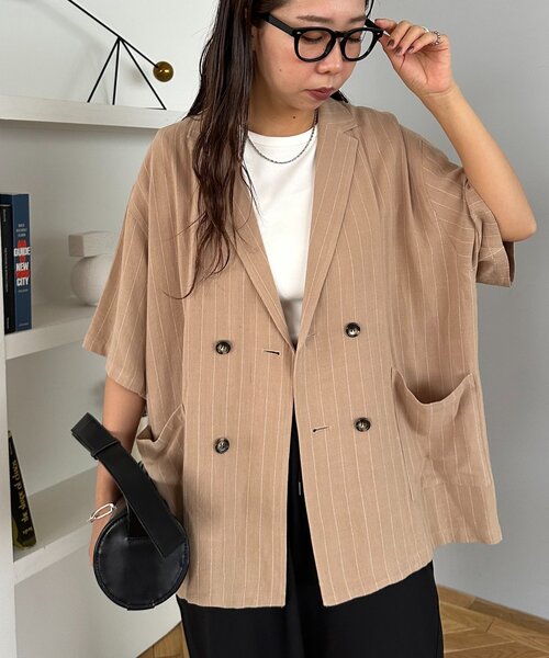 DISCOAT（ディスコート）の「【WEB限定】麻混ストライプ半袖シャツジャケット（その他アウター・レディース・アイボリー/ベージュ・FREE）」の16枚目の写真