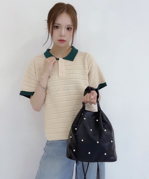 カヌ×MONO-MART LADY'S】ロゴ刺繍 配色 サマーニット ポロシャツ MONO