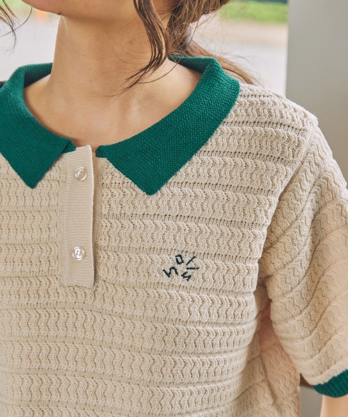 【人気Lサイズ】カサブランカ☆ワンポイント刺繍ロゴ入り総柄半袖ニットポロシャツ ナンバリング刺繍 サマーニット ラグラン 半袖ポロシャツ MONO